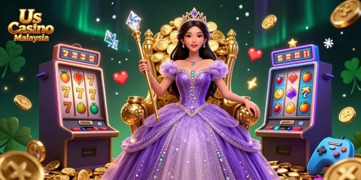 Experience thrilling gameplay at Us Casino Malaysia, featuring a stunning princess amidst vibrant slot machines and casino elements.