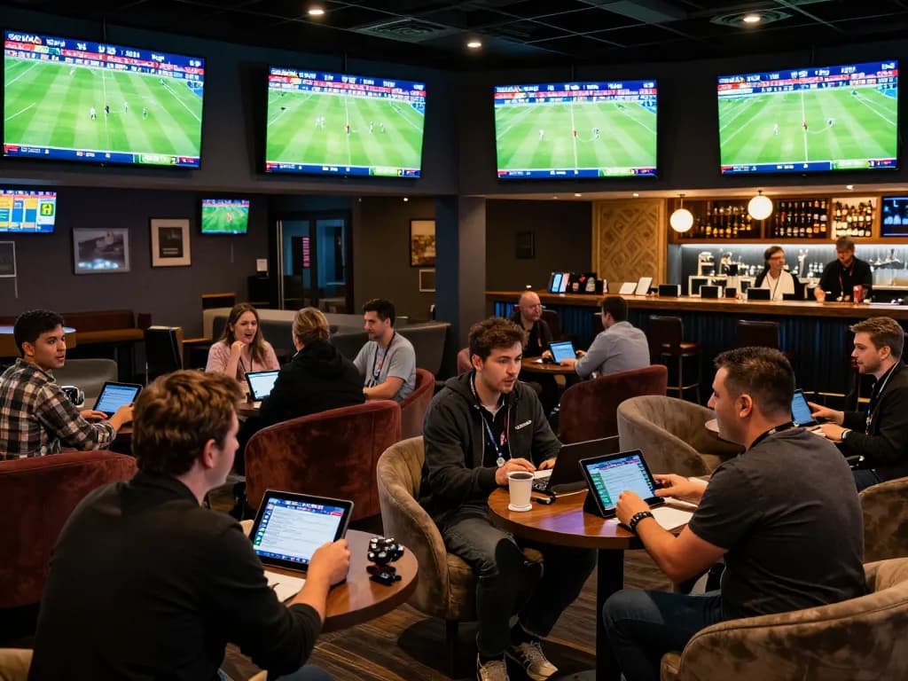 Soi Kèo sports betting scene with patrons analyzing odds and matches in an elegant lounge