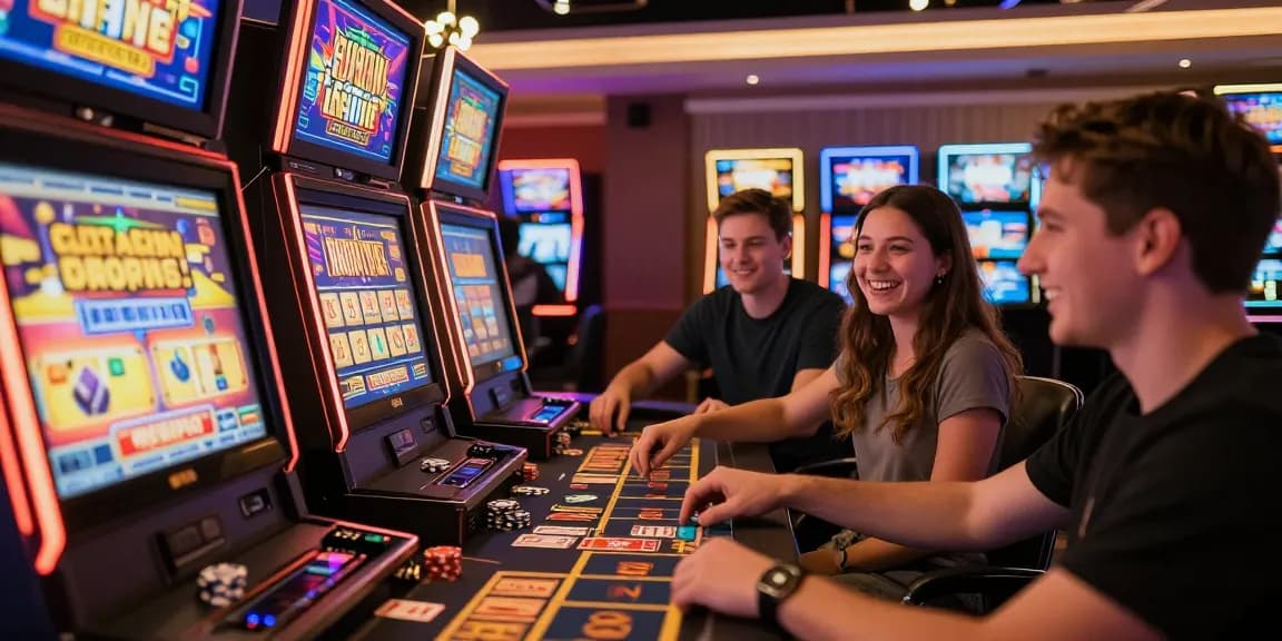 Vibrant online casino gaming scene showcasing players interacting with machines, representing the excitement of dentalgroups.co.uk.