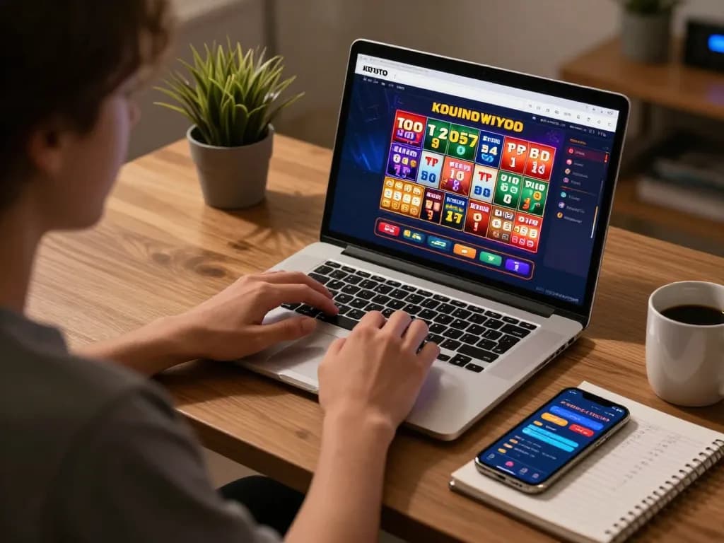 KDTOTO online gaming session with a player strategizing on a laptop, showcasing exciting Toto and slot options.