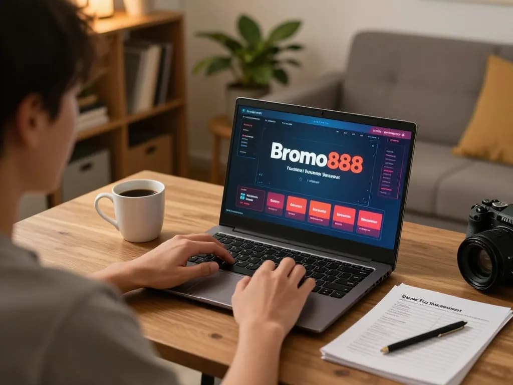 Bromo888 player engaged in online gaming with a laptop while managing their bankroll