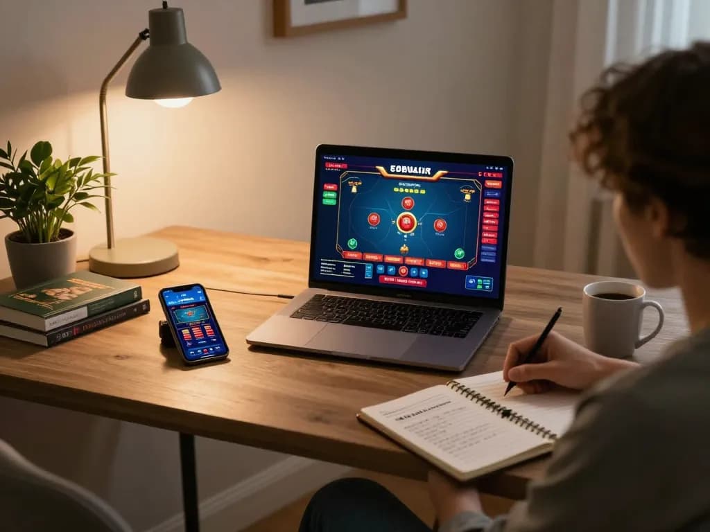 Engaging in online USA casinos gameplay at home, featuring a laptop with poker graphics and strategic notes.