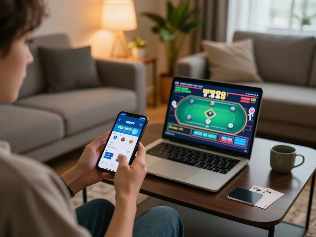 Engaging gameplay while tải go88 shows on smartphone, in cozy home setting.