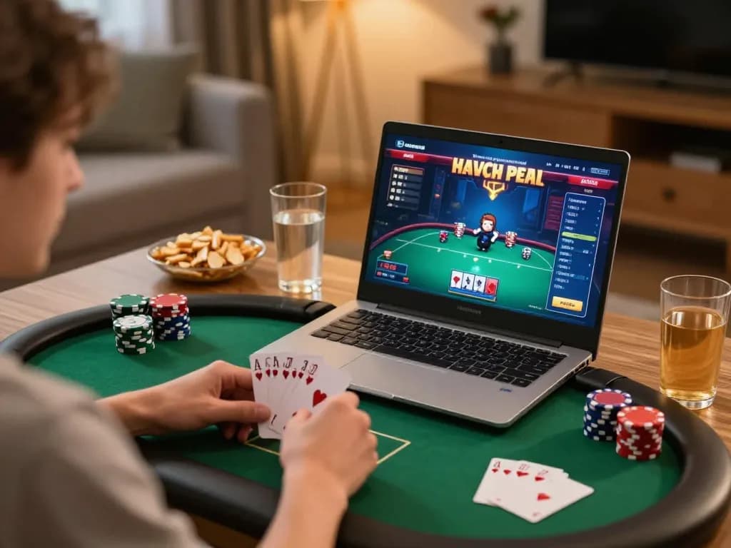 Player enjoying kp88 poker online, fully engaged in strategy with ambient home lighting and snacks