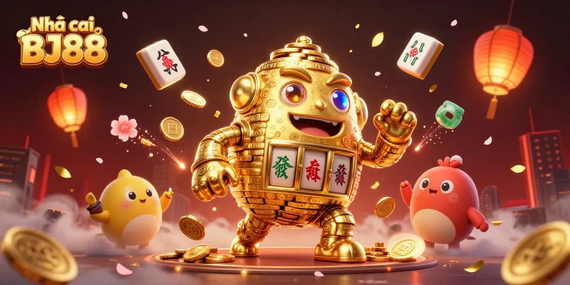 Play exciting games at Nhà cái BJ88, featuring a vibrant golden golem and attractive casino elements.