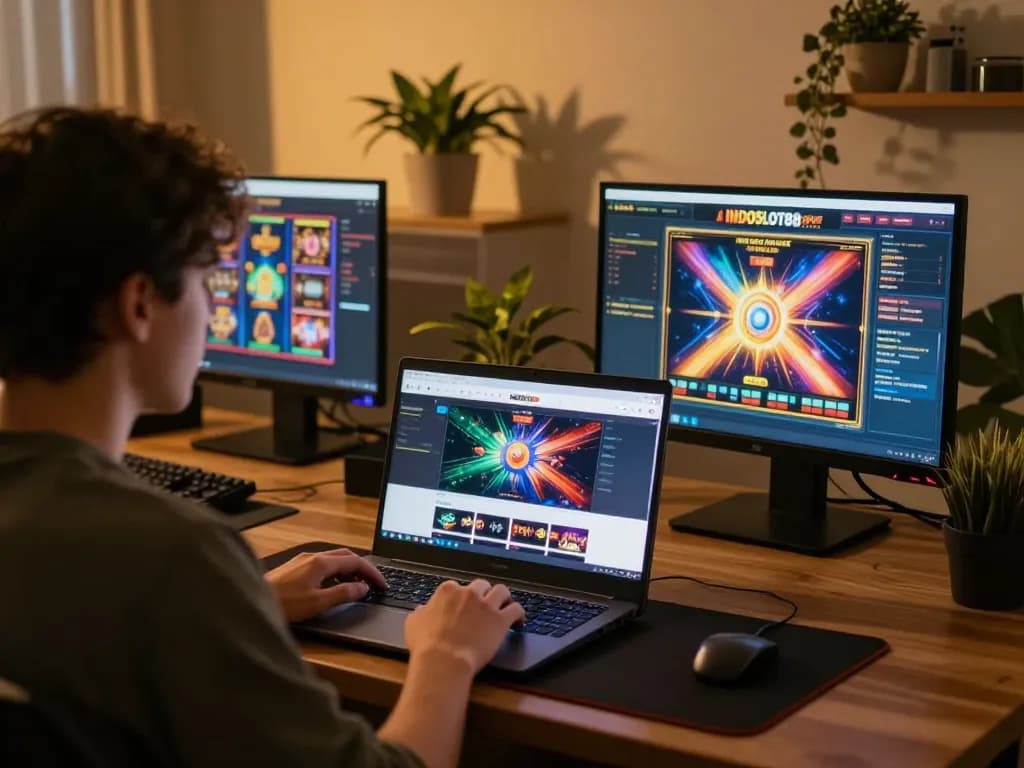 Engaging with INDOSLOT88 resmi on a laptop in a cozy home setting, showcasing online slot gaming.