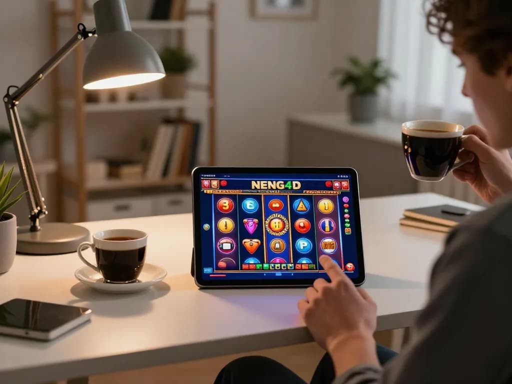 NENG4D player engaging in vibrant slot game excitement on a tablet in a stylish home office.