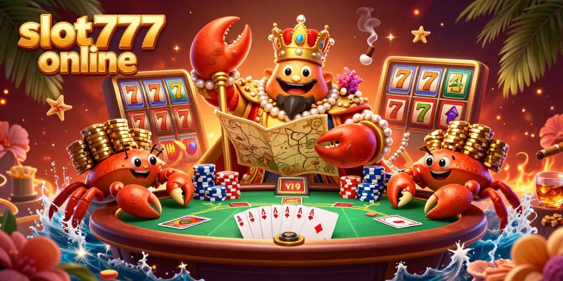 Experience thrilling gameplay at slot777 online with a vibrant scene of a golden crab emperor amidst slot reels and poker elements.
