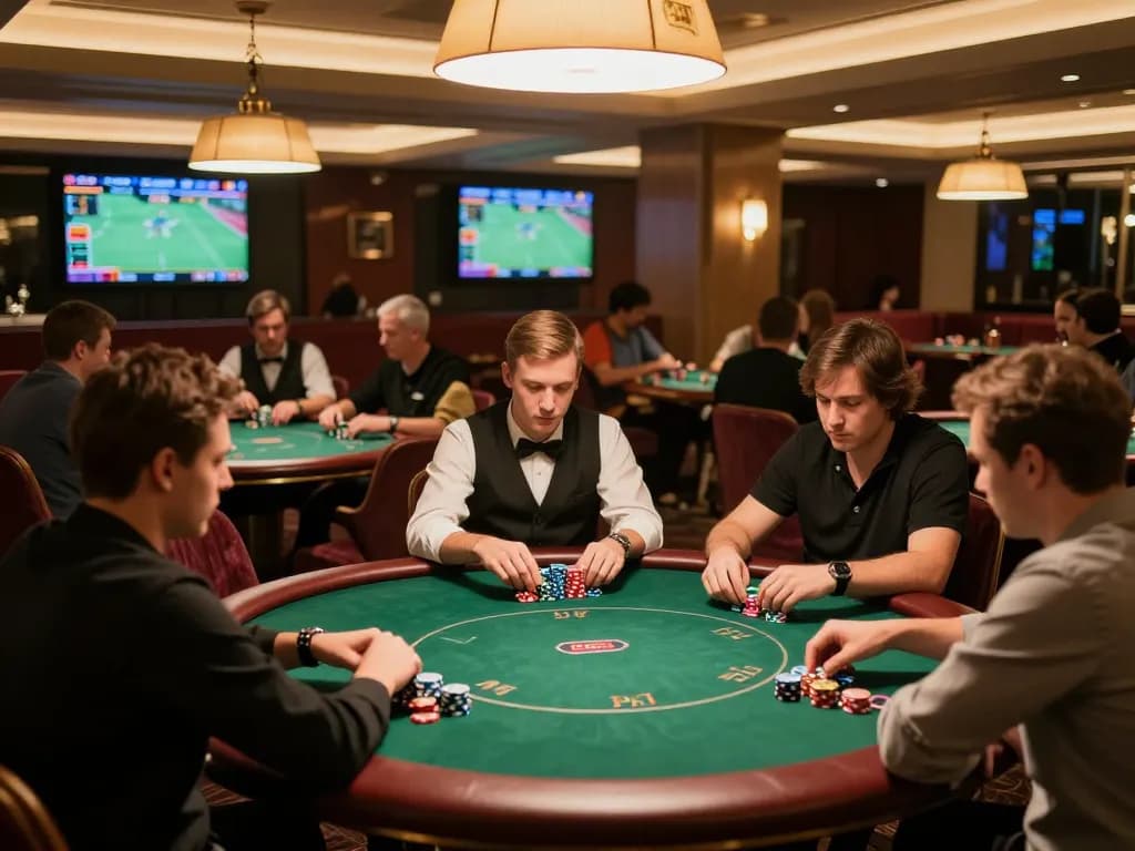 IWIN CLUB players strategizing during a high-stakes poker game in an upscale lounge.