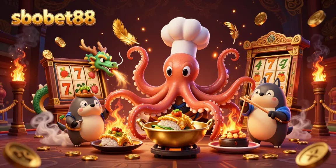 sbobet88 offers exciting gaming, featuring a sushi chef octopus cooking golden dishes in a vibrant casino scene