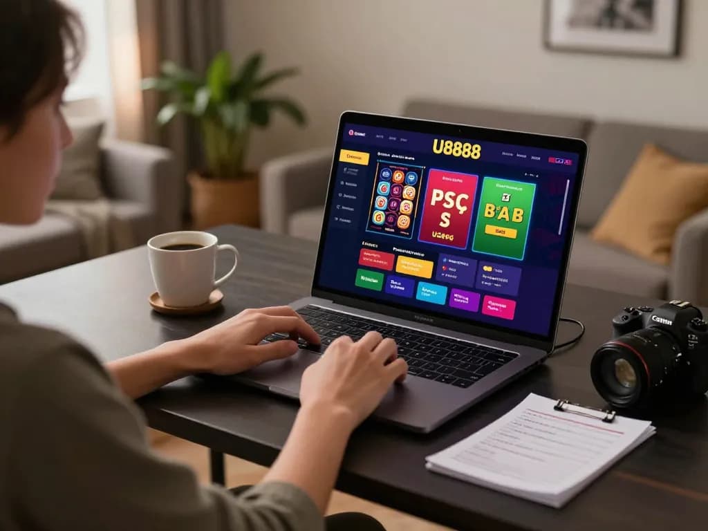 Engaging online gambling session showcasing U8888 platform on a laptop with vibrant gaming interface.