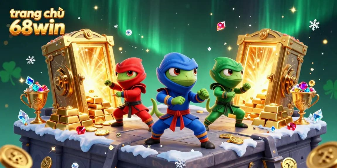 Experience the excitement of trang chủ 68win with dynamic chameleons amidst gold treasures and glowing gems.