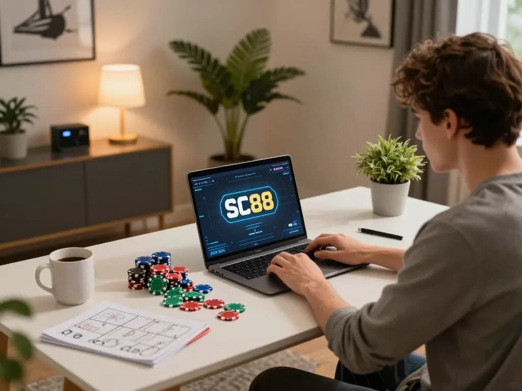 Engaging with SC88 online poker game at a cozy home setup, showcasing strategy notes and vibrant chips.