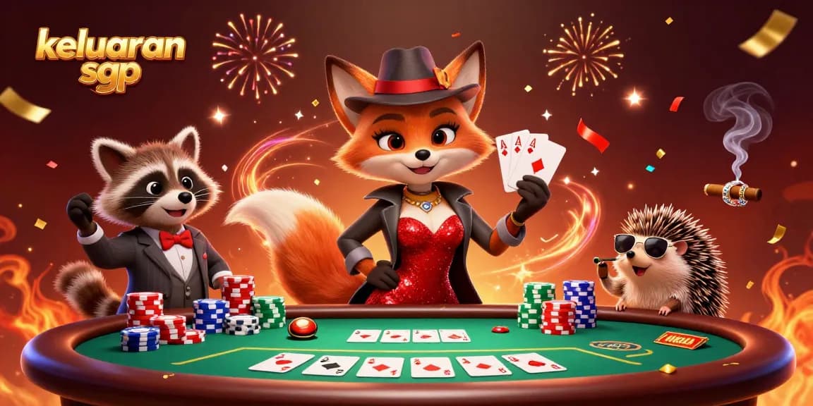 Keluaran sgp hasil menarik di meja poker dengan karakter kartun penuh gaya dan elemen permainan kasino yang menari.