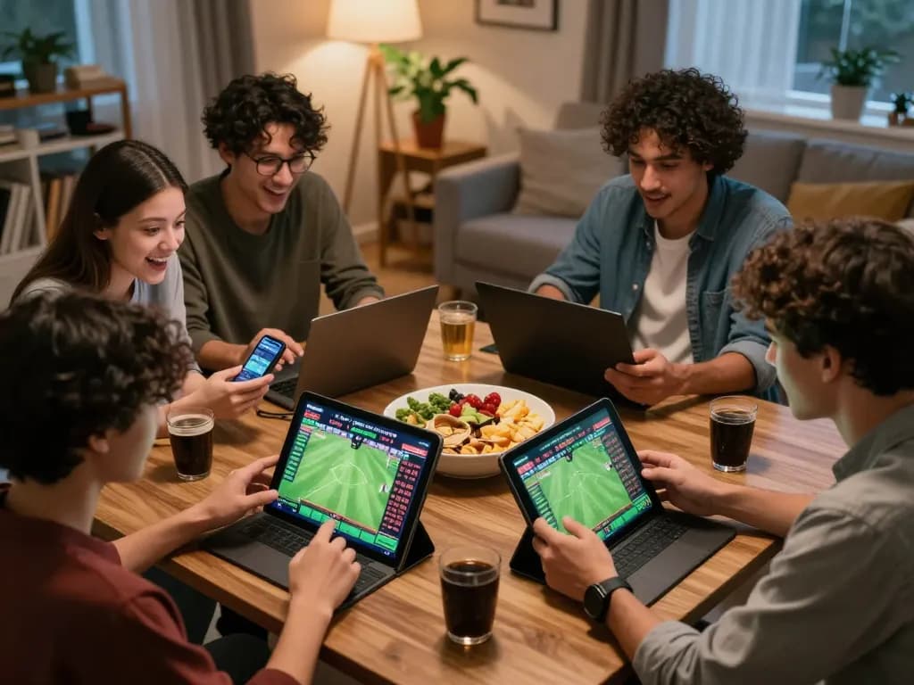 Players excitedly placing bets on LGOGOAL in a cozy online sports betting setup with smartphones and tablets.