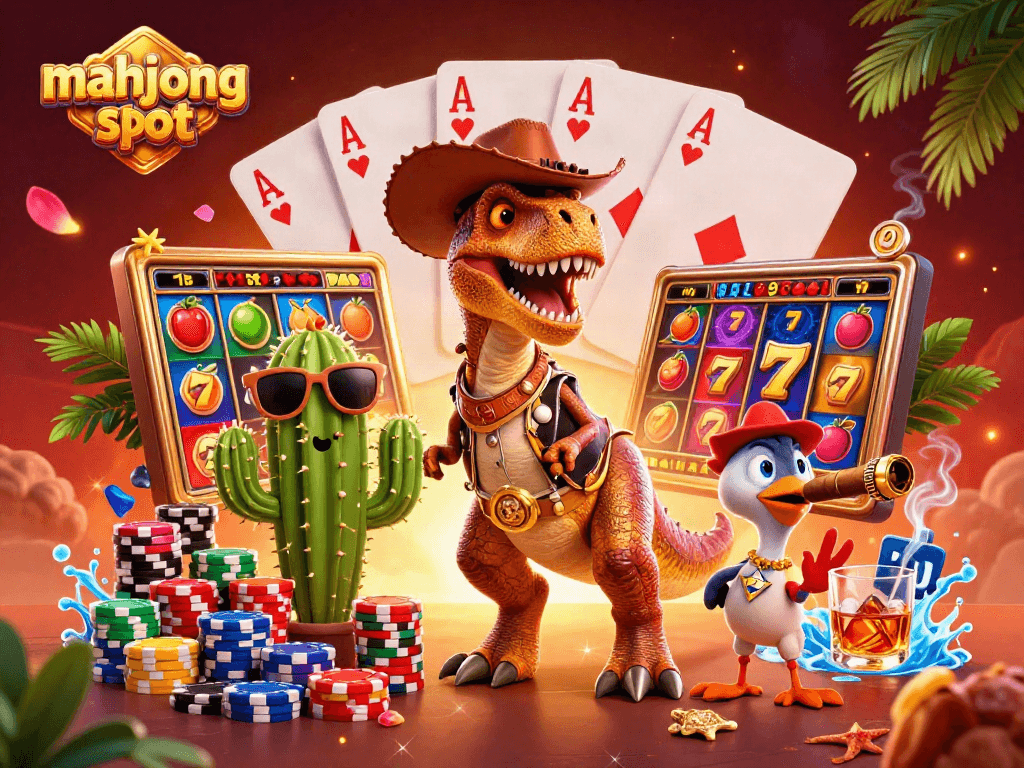 Spin the mahjong slot with a colorful 3D T-Rex cowboy and vibrant casino elements.