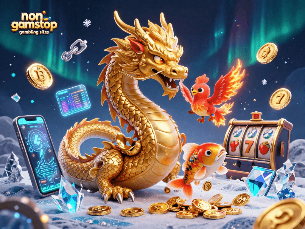Experience the thrill of non gamstop gambling sites with vivid characters and crypto elements amidst slot reels.