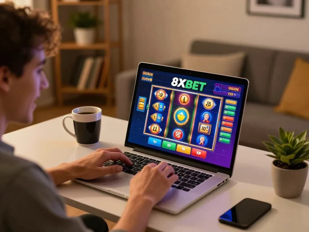 Player engaging with 8xbet online casino on laptop, showcasing dynamic gaming interface