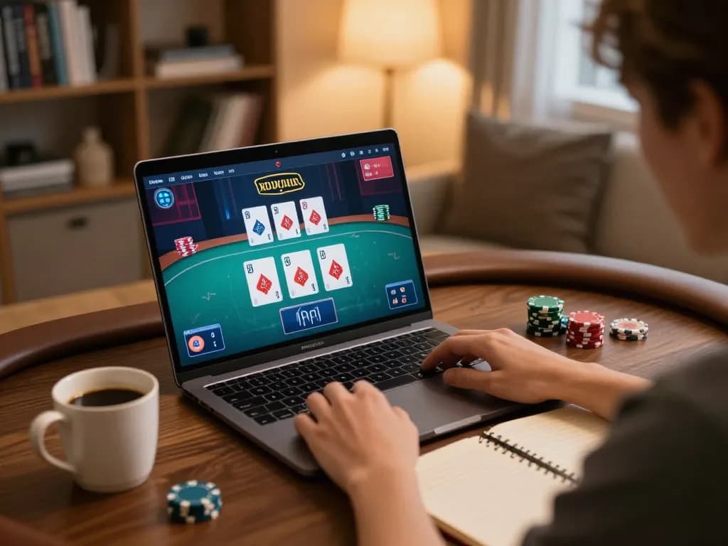 Player immersed in online casino game on RR88, showcasing poker strategy and home comfort