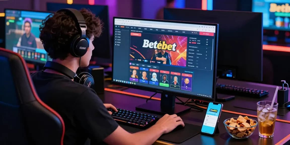 Betebet online gambling scene with a player focused on vibrant casino interface, showcasing immersive gaming experience.