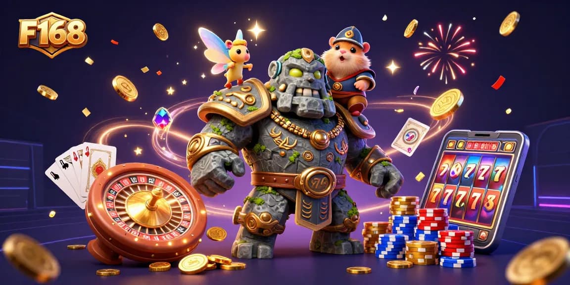 Join the exciting world of F168 with a thrilling scene of casino cheer featuring magical characters and vibrant game elements.