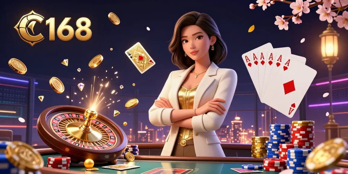 C168 offers a vibrant casino scene where elegant players strategically engage with golden cards and dynamic poker elements.