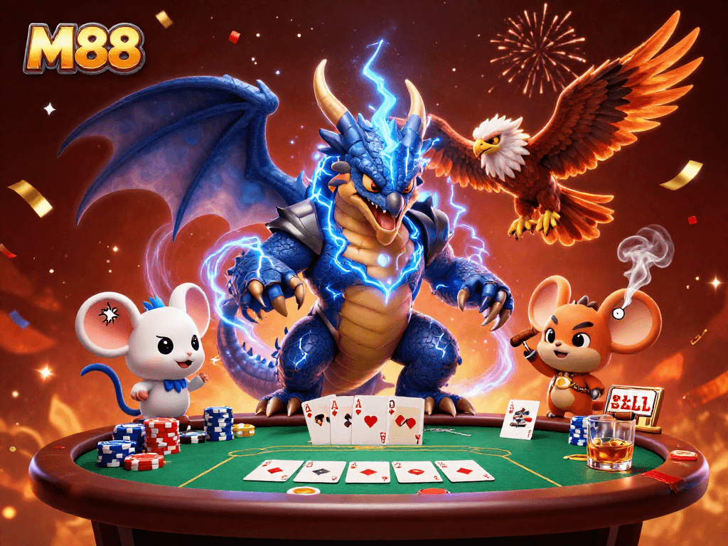 M88 showcases a thunder dragon, wind hawk, and thunder mouse on a vibrant poker table