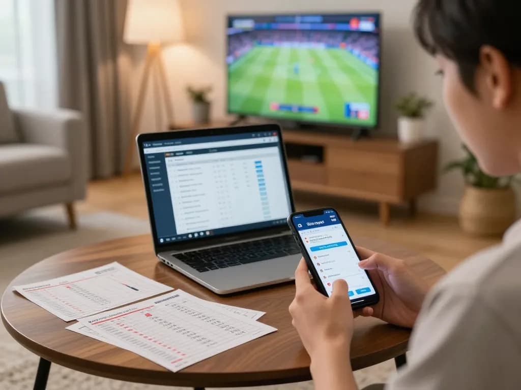 Terlibat dalam taruhan situs togel melalui aplikasi mobile di ruang tamu yang bergaya.