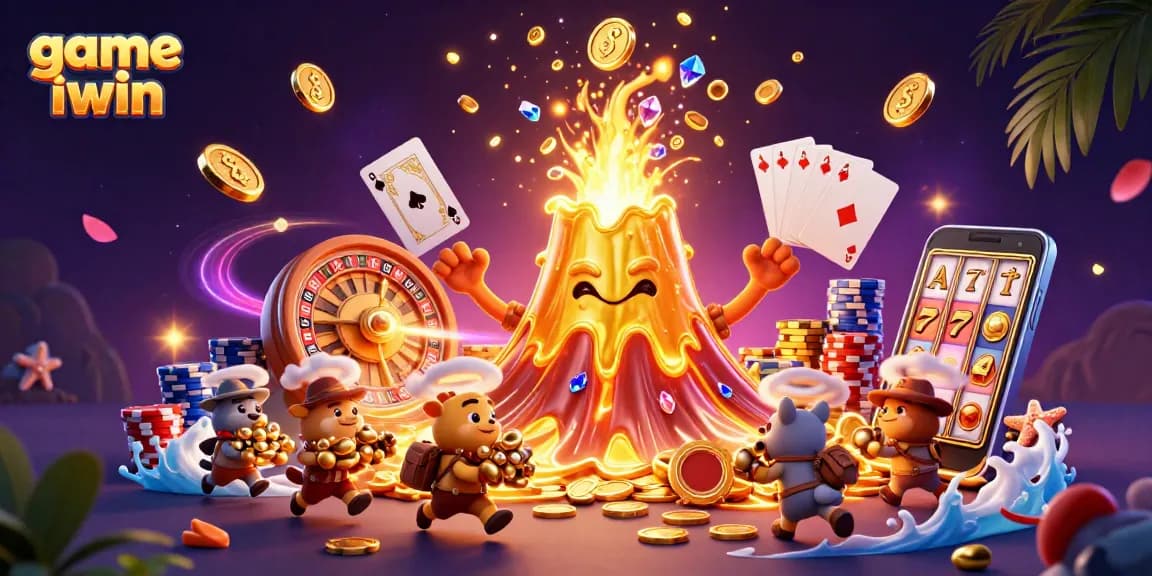 Experience game iwin with vibrant treasures from a triumphant volcano amidst cascading gold and gems.