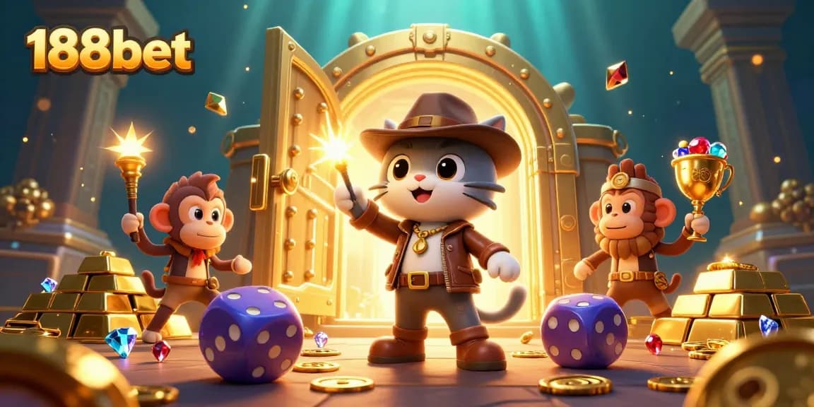 Engage in thrilling adventures at 188bet as an explorer uncovers treasures in a vibrant casino scene