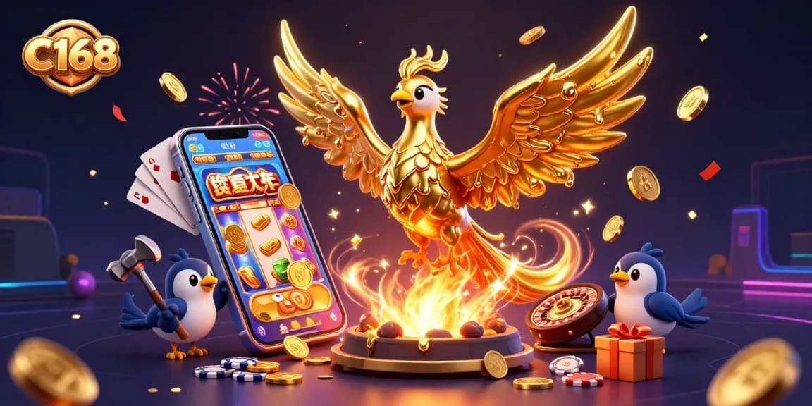 C168 triumphs in vibrant casino action with a molten phoenix and playful sparrows, celebrating gaming excitement.