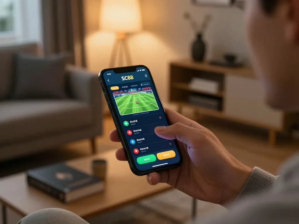 SC88 user placing a sports bet on mobile app in cozy living room