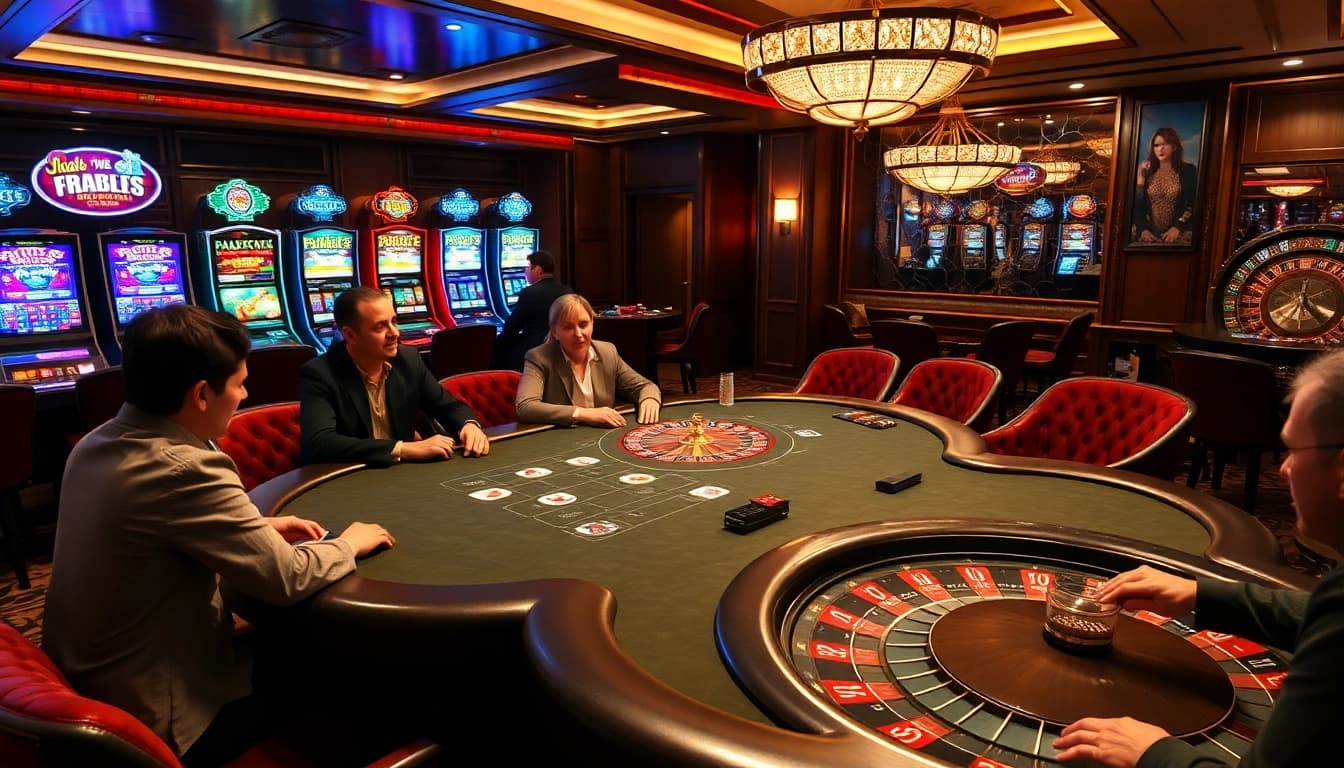 Experience the thrill of pg88 at a luxurious casino poker table with vibrant slot machines.