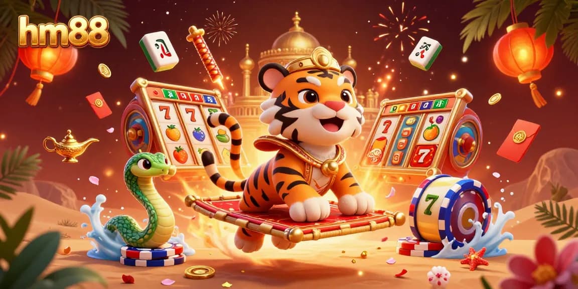 Join the exciting action at hm88 with a vibrant casino-themed illustration featuring 3D characters, slot machines, and golden coins.