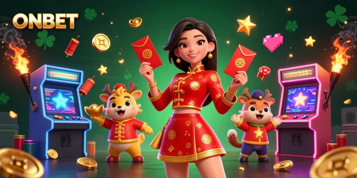 Join the fun at ONBET with vibrant games and jackpots in this festive digital casino illustration.