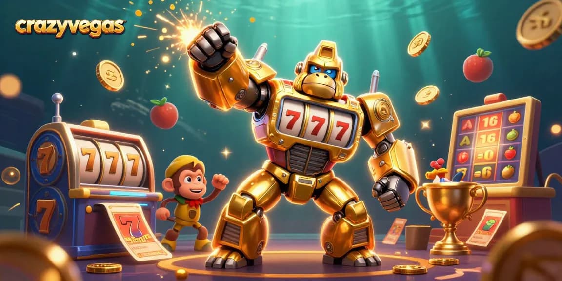 Experience thrilling wins at crazyvegas with a golden gorilla mech amidst dynamic slot game elements.