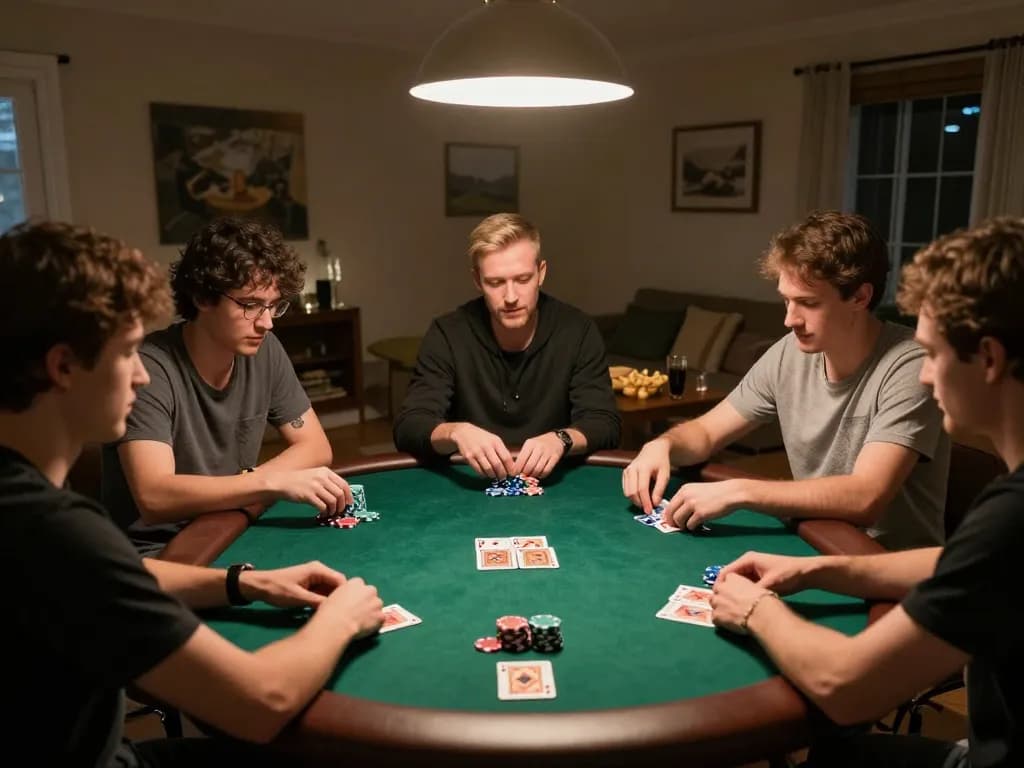 Engaged players enjoying ดูหนังออนไลน์ themed poker night at home, showcasing cards and chips.
