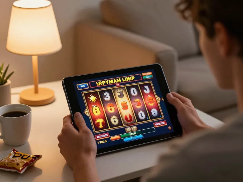 Engaging with link slot gaming on a tablet, showing dynamic reels and cozy home atmosphere.