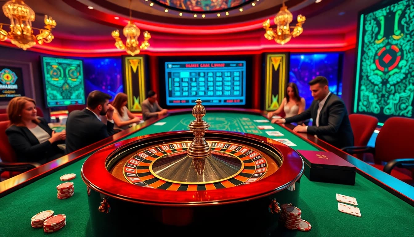 Engaging players bet wisely with insights from https://daga88.free/ at a luxury casino table with poker elements.