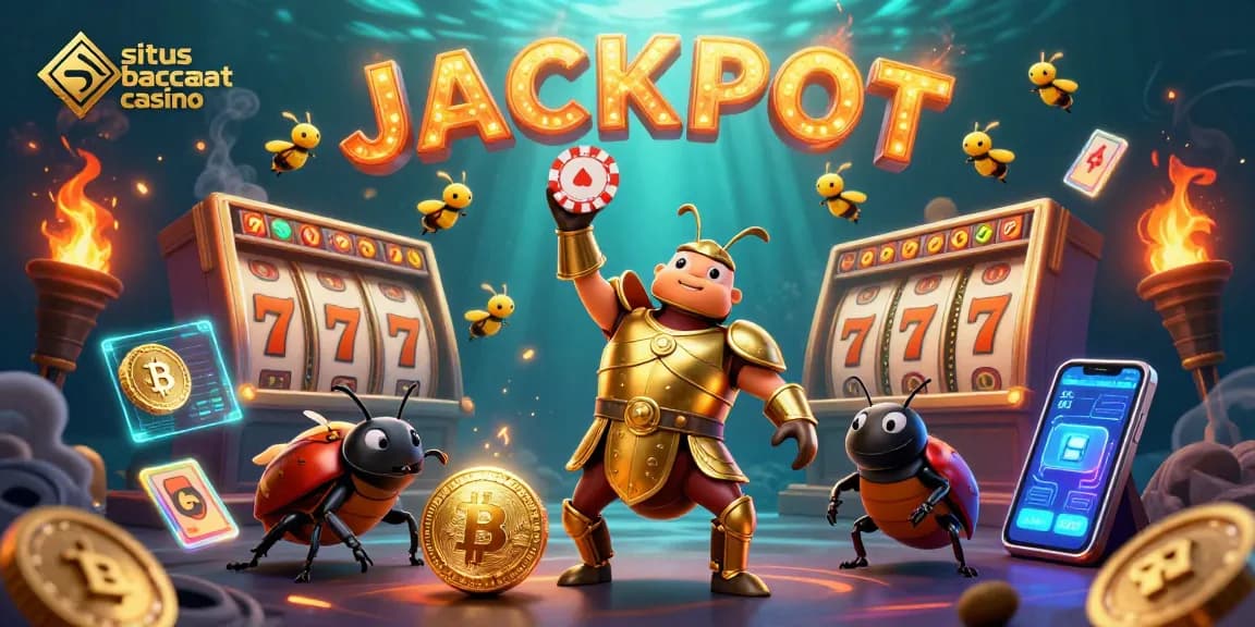 Experience the excitement of situs baccarat casino with a dynamic 3D illustration showcasing a victorious beetle character.