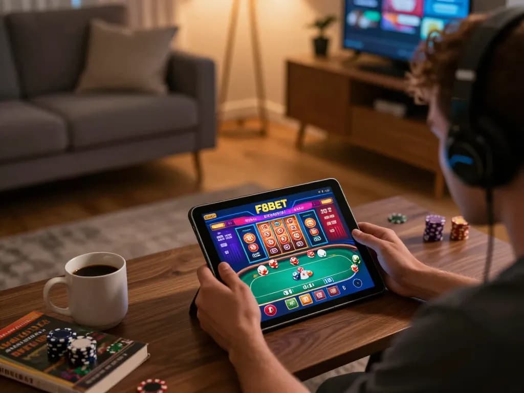Player enjoying F8BET online casino games on tablet at home, showcasing strategy notes and cozy atmosphere.