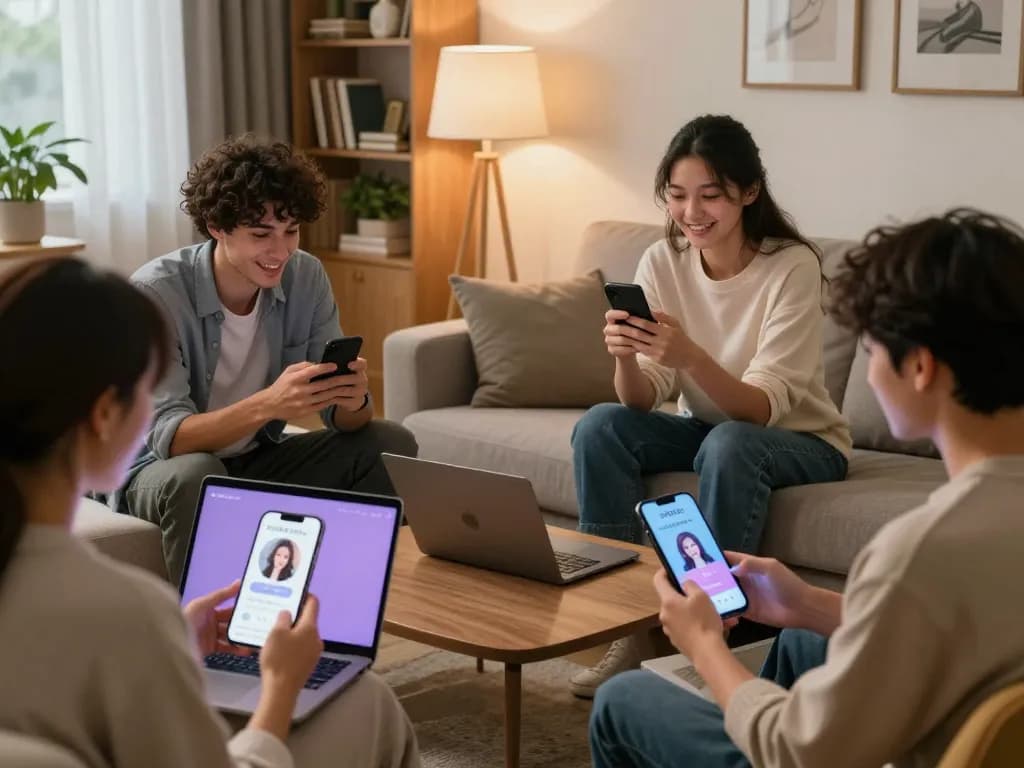 Immersive scene of users engaging in ai sex chat with personalized NSFW AI companions in a cozy setting.