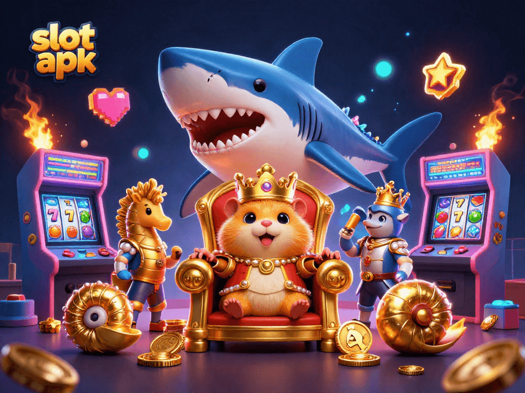 Experience slot apk excitement with a fierce golden hamster king in a captivating 3D casino scene.