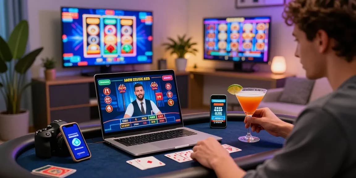 Engaged player exploring the best credit card casinos online at a lively home gaming setup.