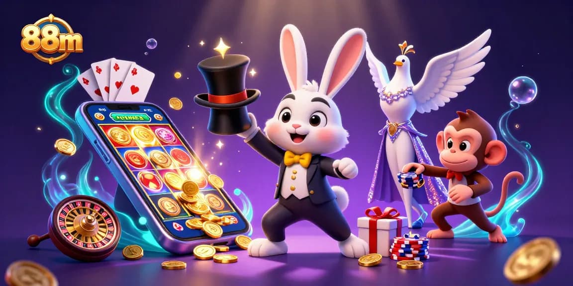 Experience thrilling gaming with 88m as a magician rabbit brings coins and bonuses from a top hat in a lively casino scene.