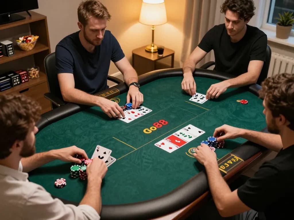 Players enjoying online poker on Go88, showcasing strategic gameplay in a vibrant home setting.