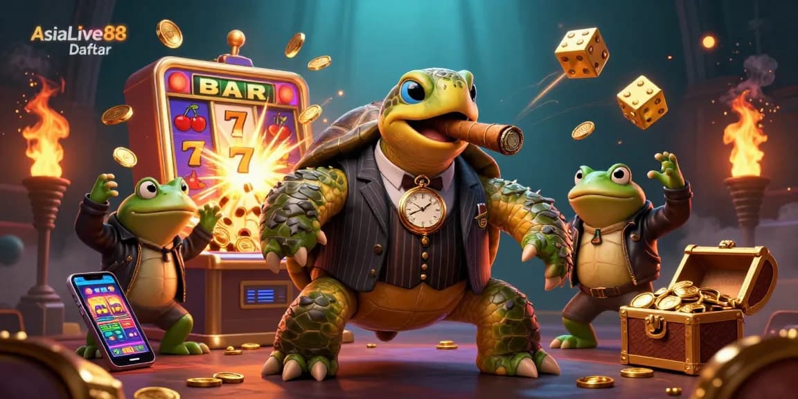 Play exciting games at AsiaLive88 Daftar featuring a vibrant slot machine and whimsical characters.