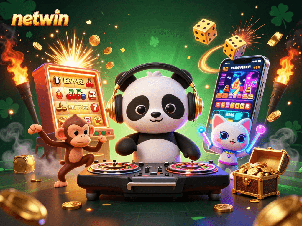 Experience the excitement at netwin with a vibrant 3D casino scene, featuring a DJ panda and fun characters.