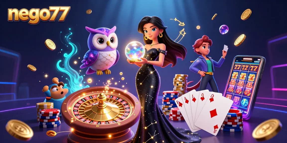 Experience the thrilling world of nego77 casino games with this vibrant, captivating illustration.