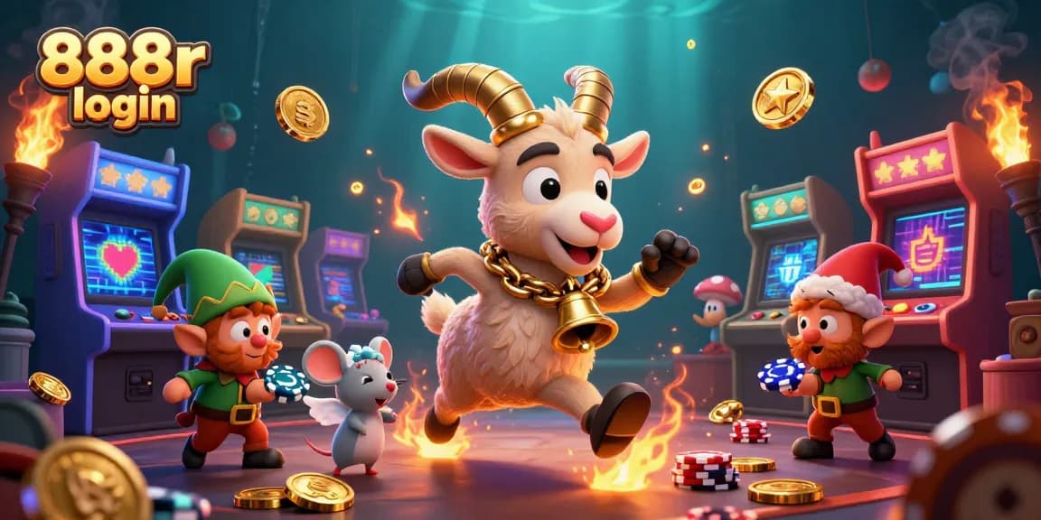 Secure your 888r login with cheerful Krampus and quirky casino gremlins in a vibrant game scene.